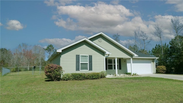 ranch-style home with an attached garage, concrete driveway, a front yard, and fence