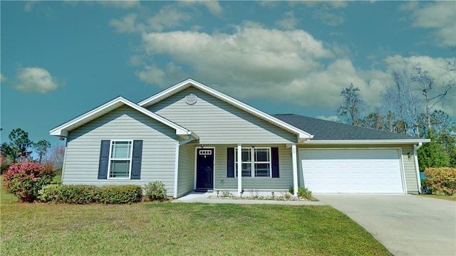 ranch-style home with an attached garage, concrete driveway, and a front yard