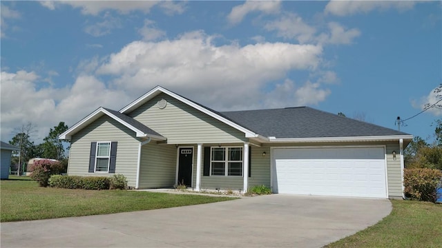 ranch-style house featuring concrete driveway, a garage, a front yard, and a shingled roof