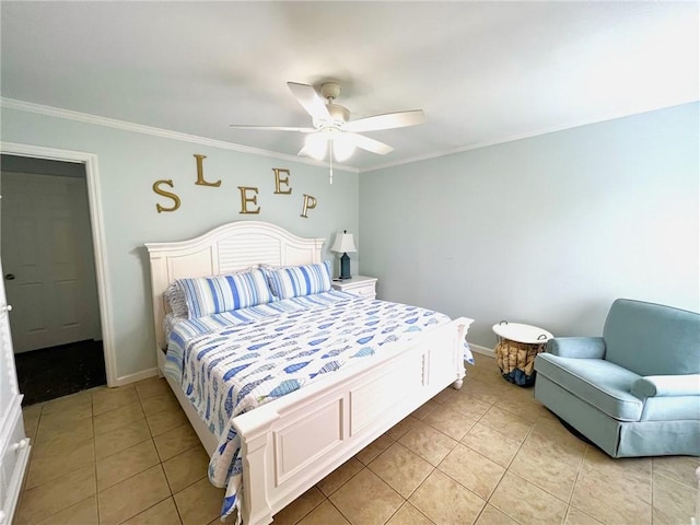 tiled bedroom featuring ceiling fan and crown molding