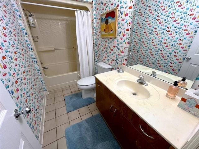 full bathroom with tile patterned flooring, shower / bath combo, vanity, and toilet