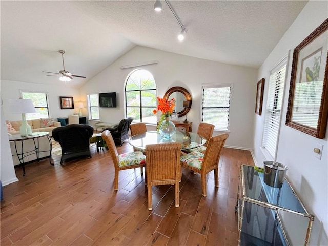 dining space featuring wood-type flooring, plenty of natural light, and lofted ceiling