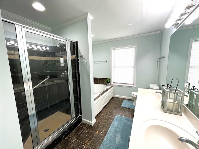 full bathroom featuring separate shower and tub, toilet, vanity, and ornamental molding