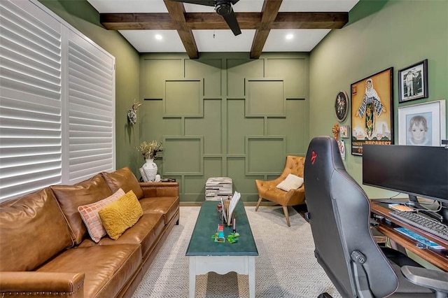 147 Butler Lake Dr, Saint Simons Island, GA 31522 - living room with coffered ceiling, carpet, beamed ceiling, an office area, and ceiling fan