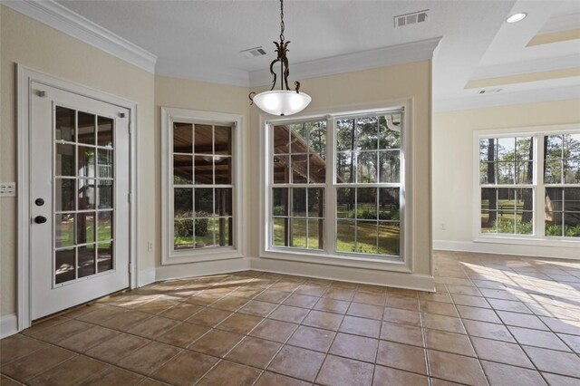 unfurnished dining area featuring tile patterned flooring and ornamental molding