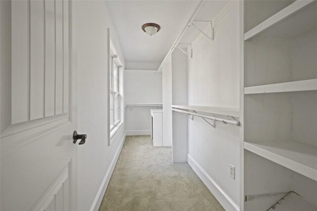 walk in closet with light colored carpet