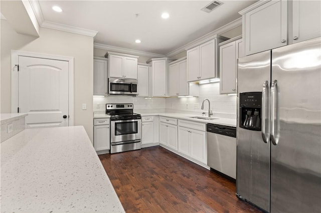 kitchen featuring a sink, visible vents, white cabinets, appliances with stainless steel finishes, and decorative backsplash