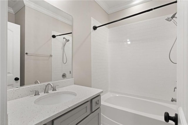 full bath featuring  shower combination, ornamental molding, and vanity