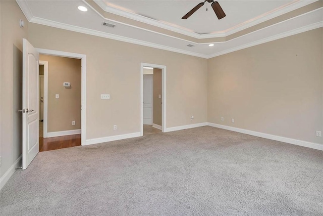253 Winding Trl, Brunswick, GA 31523 - unfurnished bedroom with carpet flooring, a raised ceiling, ornamental molding, recessed lighting, and ceiling fan