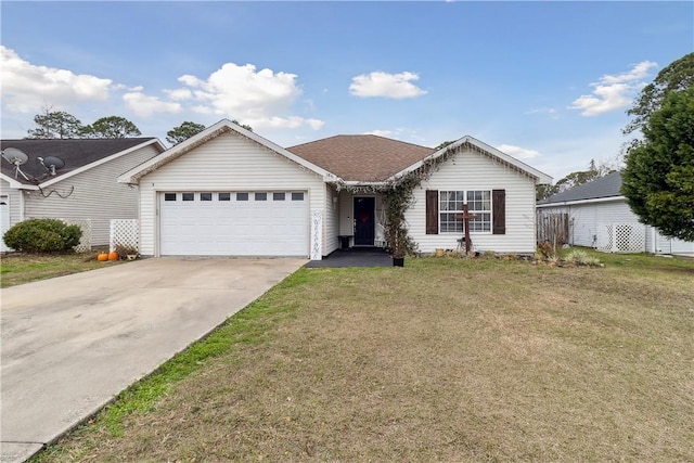 ranch-style home featuring a front yard and a garage