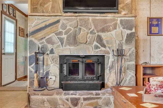 room details featuring a wood stove