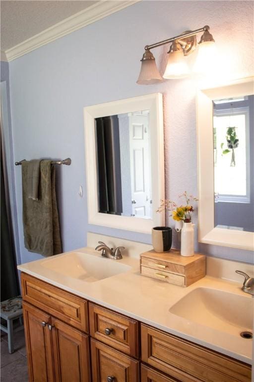 7535 Browntown Rd, Waynesville, GA 31566 - bathroom with crown molding and double vanity