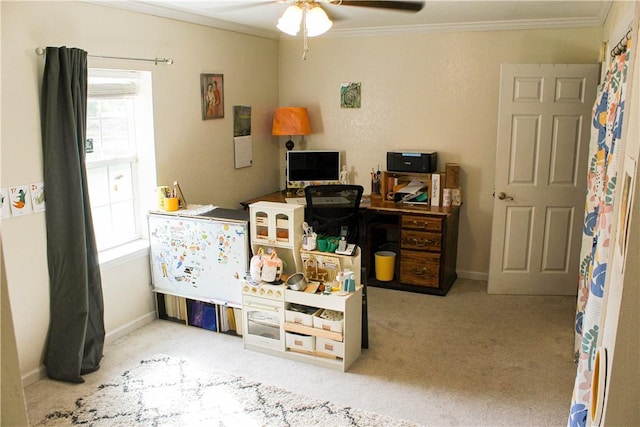 7535 Browntown Rd, Waynesville, GA 31566 - bedroom with ornamental molding, carpet flooring, baseboards, and a ceiling fan