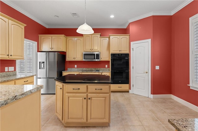 kitchen with pendant lighting, dark stone counters, black appliances, crown molding, and light tile patterned floors