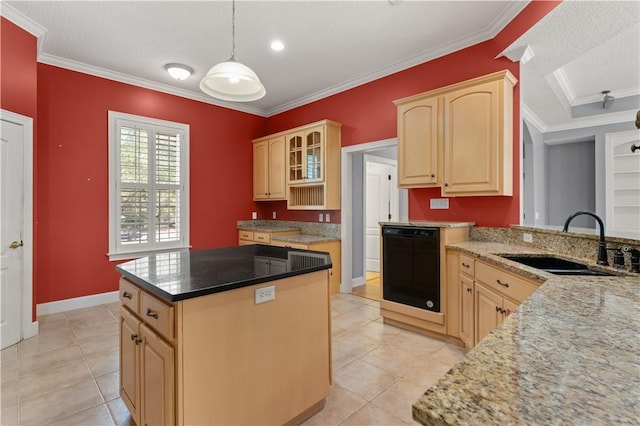 kitchen with sink, ornamental molding, light brown cabinets, and black dishwasher