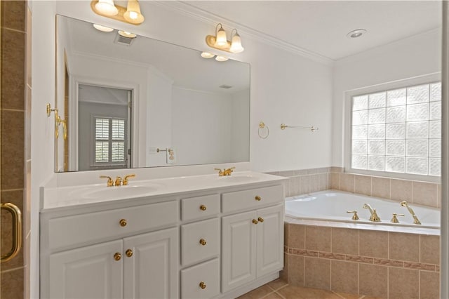 bathroom with tile patterned flooring, vanity, crown molding, and independent shower and bath