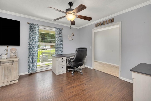 1201 Fairway Rd, Brunswick, GA 31525 - office featuring crown molding, dark wood-style floors, a ceiling fan, and baseboards