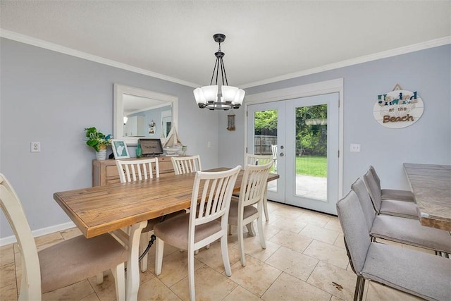 1201 Fairway Rd, Brunswick, GA 31525 - dining area featuring ornamental molding, french doors, a chandelier, and baseboards