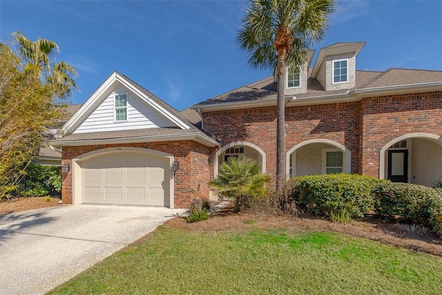 view of front of property with a garage and a front lawn