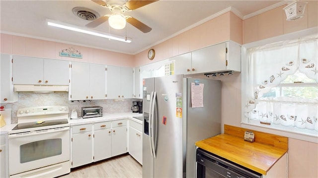 kitchen with white range with electric cooktop, stainless steel fridge, under cabinet range hood, ornamental molding, and tasteful backsplash