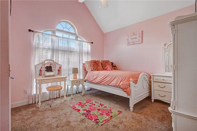 bedroom with high vaulted ceiling, baseboards, carpet floors, and ceiling fan