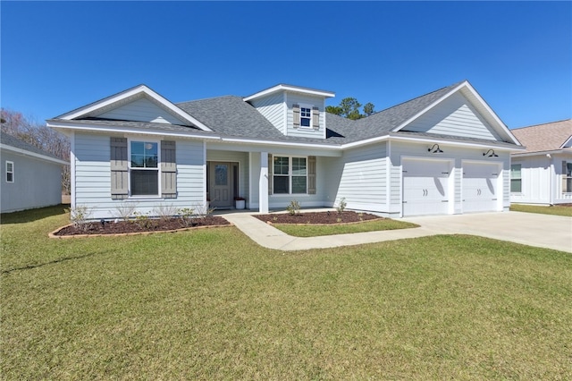 view of front of property with an attached garage, driveway, roof with shingles, and a front yard