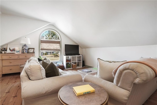 living room with vaulted ceiling and wood-type flooring