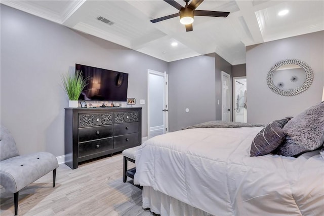 bedroom with beam ceiling, ceiling fan, coffered ceiling, light wood-type flooring, and ornamental molding