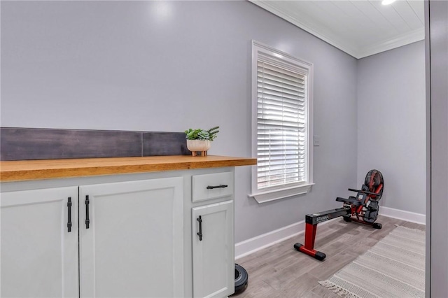 interior space featuring light hardwood / wood-style flooring and ornamental molding