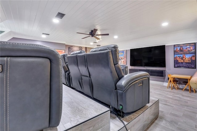 home theater room featuring ceiling fan, wooden ceiling, and light hardwood / wood-style flooring