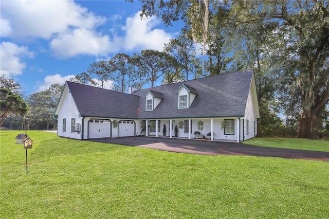 cape cod house featuring a front yard, a porch, and a garage