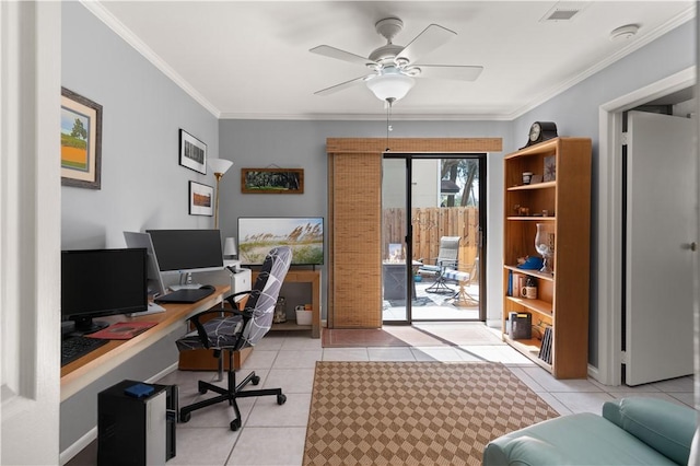 tiled home office with crown molding and ceiling fan