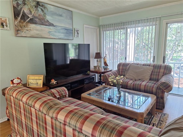 living room with hardwood / wood-style floors, crown molding, and a textured ceiling