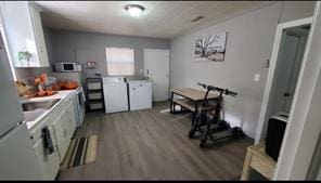 kitchen with washer / dryer, light hardwood / wood-style flooring, and a healthy amount of sunlight