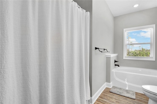 bathroom with hardwood / wood-style floors and toilet