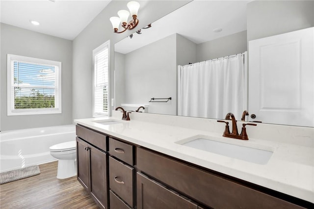 bathroom with a bath, vanity, toilet, and hardwood / wood-style floors