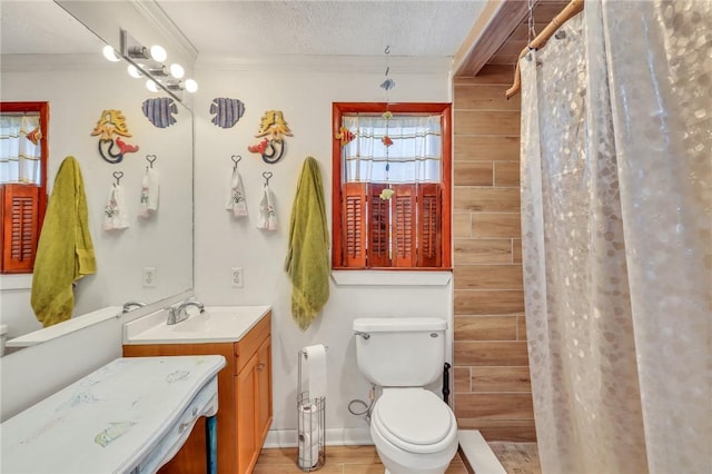 bathroom featuring a shower with curtain, a healthy amount of sunlight, crown molding, and vanity