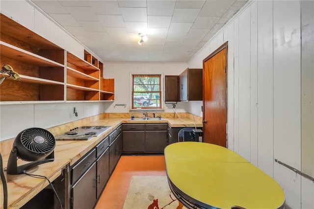 kitchen featuring dark brown cabinets, butcher block countertops, wooden walls, and sink