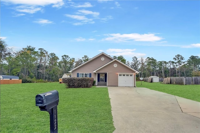 single story home with a front yard and a garage