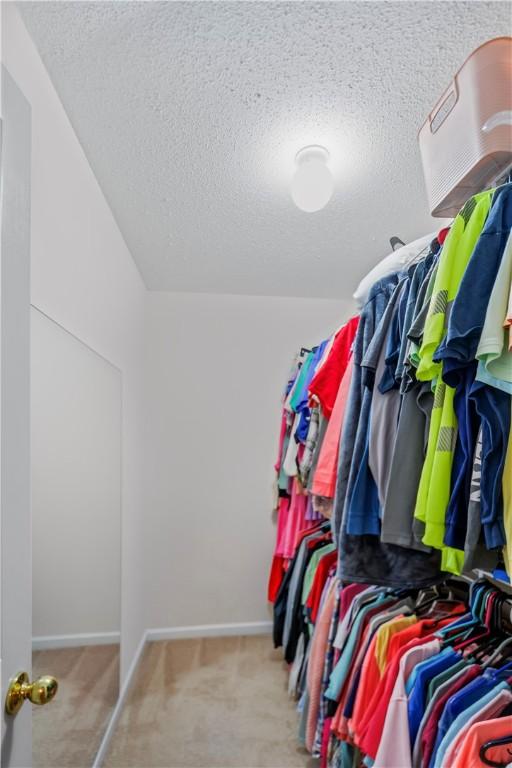 walk in closet with light carpet