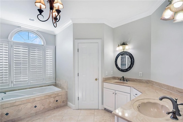 bathroom with vanity, tile patterned flooring, ornamental molding, tiled bath, and a chandelier