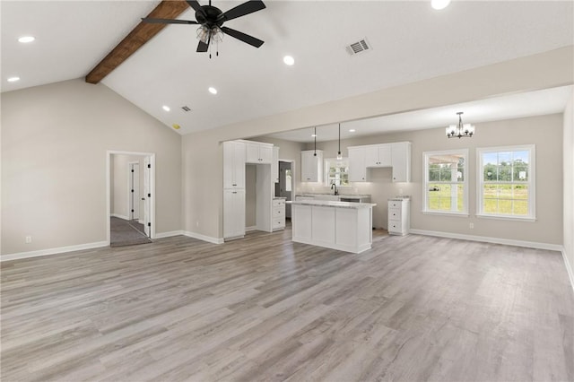 4432 Pembers Rd, Nahunta, GA 31553 - unfurnished living room featuring a ceiling fan, light wood finished floors, a chandelier, and recessed lighting