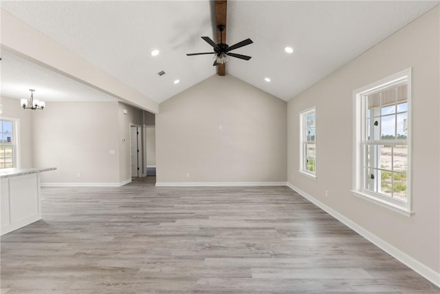 4432 Pembers Rd, Nahunta, GA 31553 - unfurnished living room with a chandelier, healthy amount of natural light, ceiling fan, light wood-style flooring, and recessed lighting