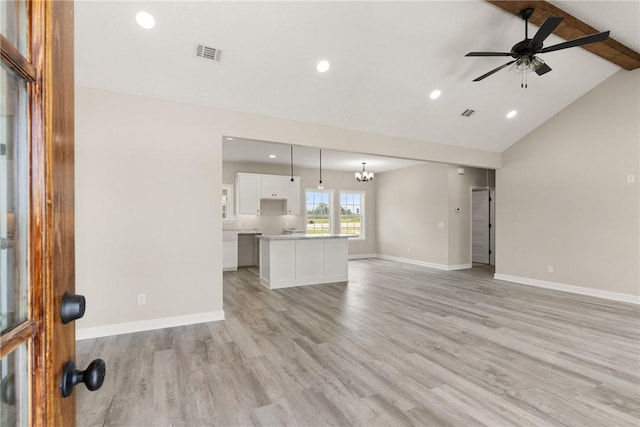 4432 Pembers Rd, Nahunta, GA 31553 - unfurnished living room featuring a ceiling fan, beam ceiling, light wood-type flooring, recessed lighting, and high vaulted ceiling