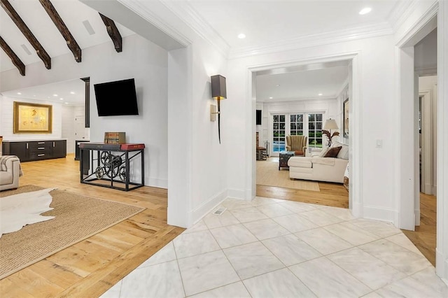 hall featuring lofted ceiling with beams, light hardwood / wood-style floors, and crown molding