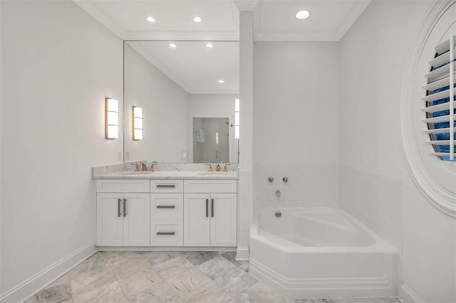 bathroom featuring vanity, ornamental molding, and a tub to relax in