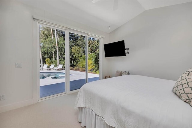 bedroom with baseboards, a ceiling fan, access to exterior, vaulted ceiling, and carpet floors