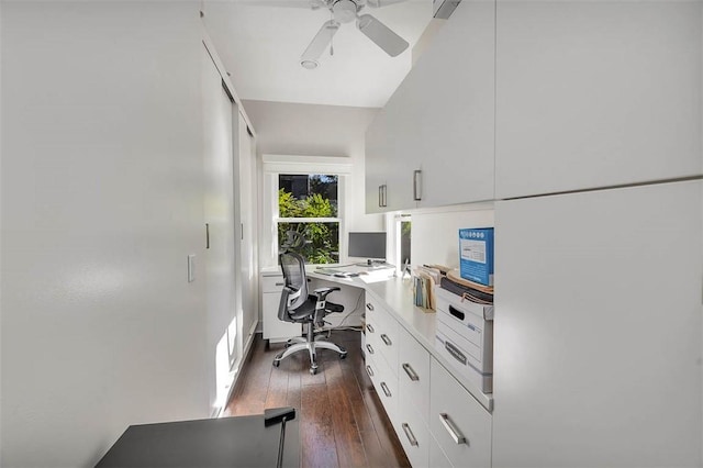 office featuring dark wood-style floors and ceiling fan