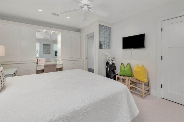 bedroom featuring a ceiling fan, recessed lighting, visible vents, and light colored carpet