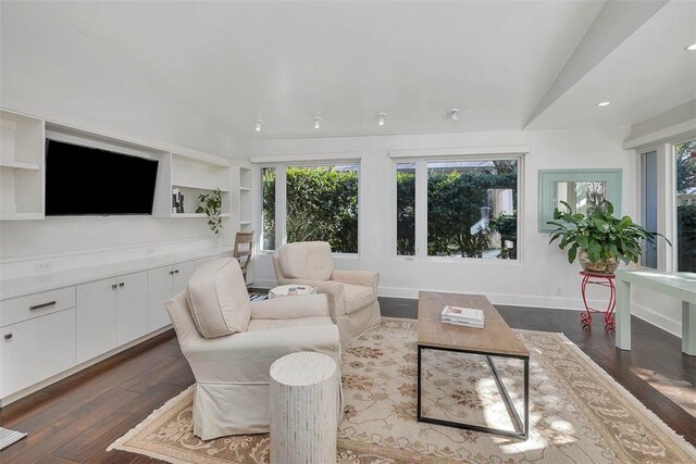 living area featuring lofted ceiling, plenty of natural light, baseboards, and dark wood-style flooring